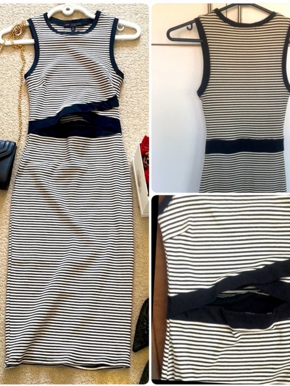 One Clothing LA Striped Knit Midi Dress Tummy Cut Out Blue White Small S